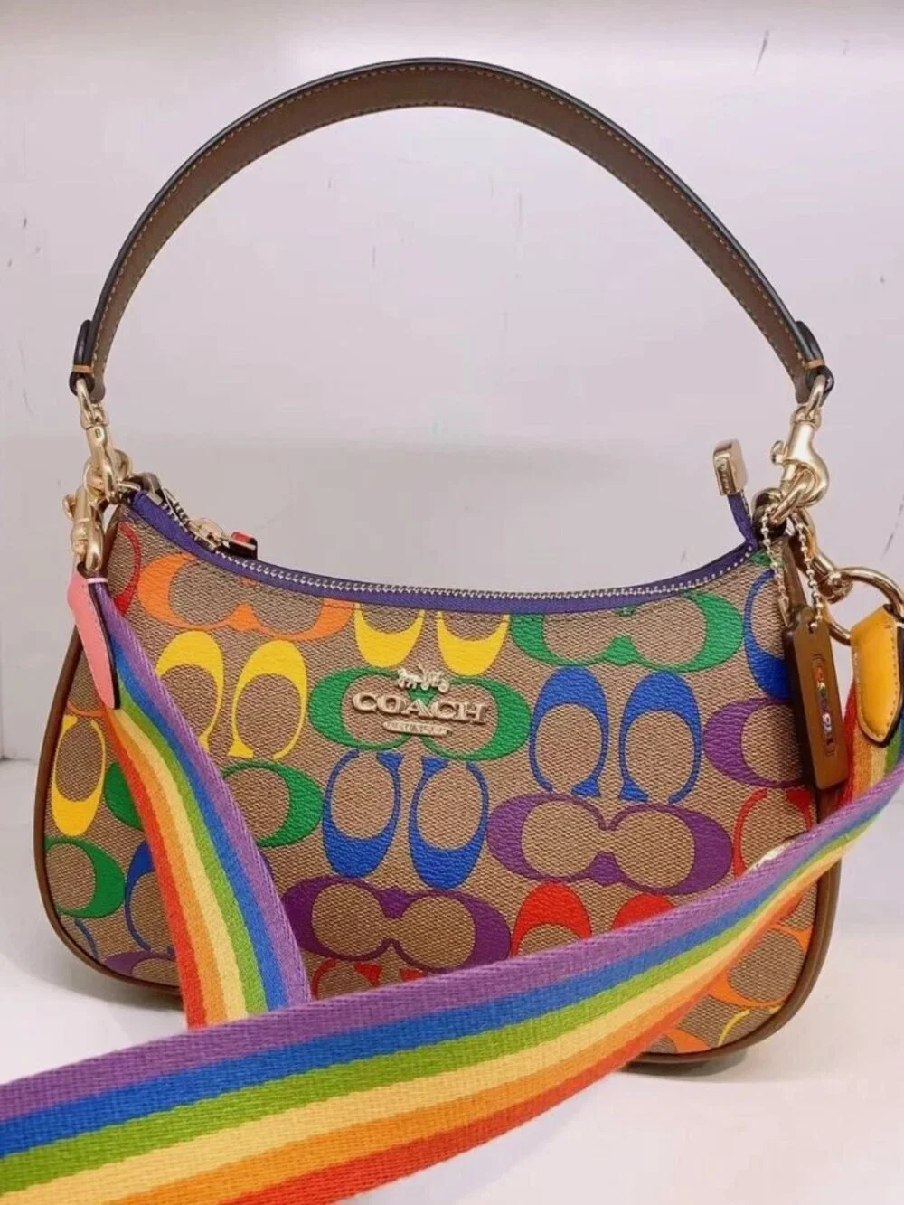 NWT Coach Teri Shoulder Bag In Rainbow Signature Canvas CA176